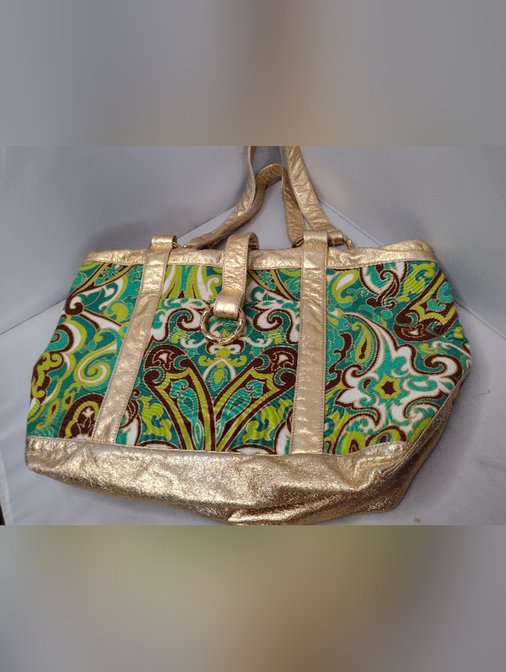 Milly Cabana  Beach Tote Bag Terrycloth Lining Gold Green Print River Pool A2